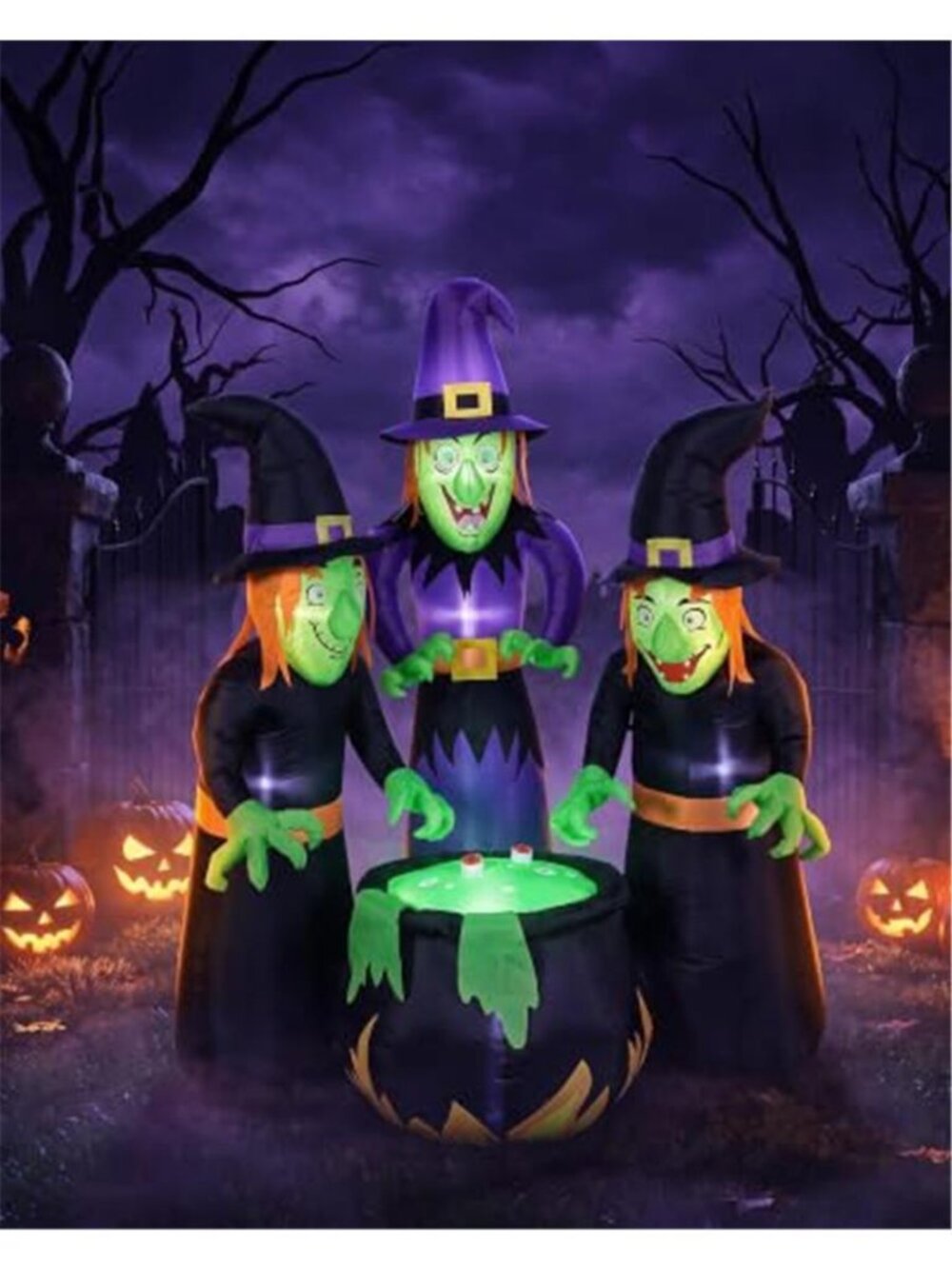 6FT Halloween Inflatables Three Witch Around Cauldron with Bulit-in Lights